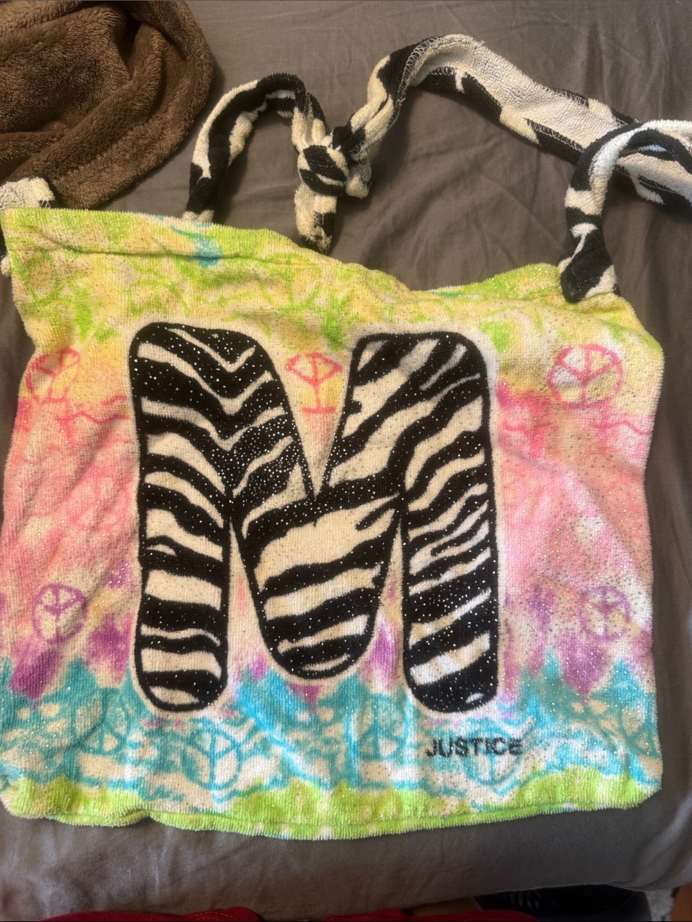 Justice Zebra 'M' Tie-Dye Tote - Black, White, Pink, Green, Blue
